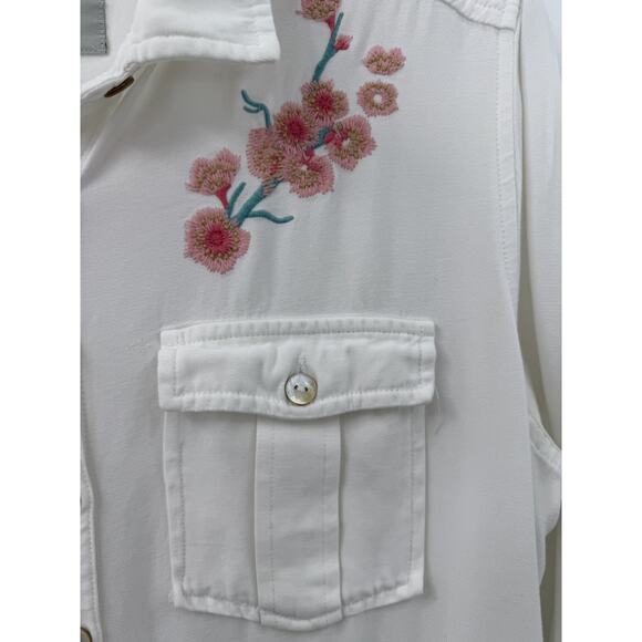 John Mark Women's Off White Floral Embroidered Shirt Dress Medium Country Chic - Picture 5 of 13